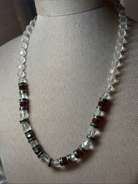 Crystal Bead Necklace with Green and Red Accent Rings